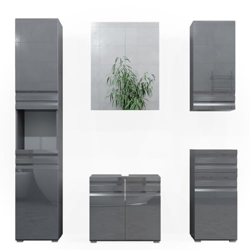 Vicco Ensemble de Meubles de Salle de Bain Fredd, Anthracite Haute Brillance, 5 pièces