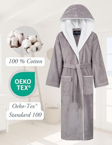 Morgenstern Bademantel Damen mit Kapuze 100% Baumwolle Frottee OEKO-TEX® Morgenmantel Leonie Taupe Größe M