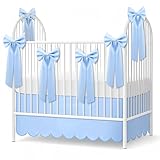 Hahafelt Blue Scalloped Crib Bed Skirt with 6 Large Bow, 28' x 52' with 14' Drop, 4 Sided Soft Crib Skirt Dust Ruffle for Baby Boys & Girls, Elegant Farmhouse Boho Chic Nursery Decor