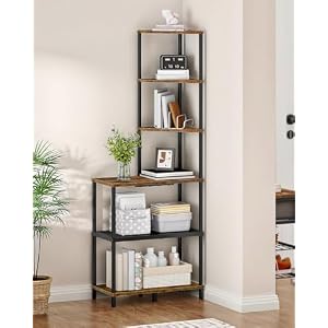 6-Tier Corner Shelf, Industrial Corner Bookshelf with Desk Top, Diamond-Shaped Storage Shelves, Display Stand for Small Spaces, Living Room, Home Office, Foyer, Rustic Brown and Black TCJ70BF