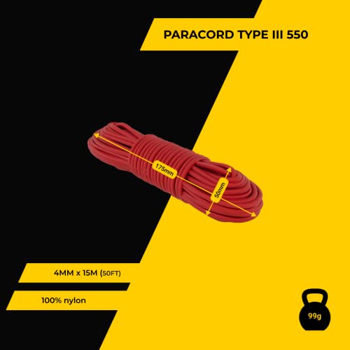 EdcX Paracord 4 mm, 35+ Volltonfarben (10 m, 15 m, 30 m, 50 m, 100 m, 300 m) | Ideal zum Basteln, Camping, Outdoor | 100% Nylonseil 4 mm| Nylon Paracord 550 Typ III (Red, 15 m)