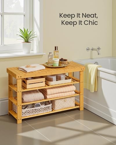 Image of SONGMICS Shoe Rack Bench, 4 Tier Bamboo Shoe Storage Organizer, Entryway Bench, for Living Room, Bathroom, Bedroom, 11.3 x 35.2 x 20.5 Inches, Light Bamboo ULBS390YL01