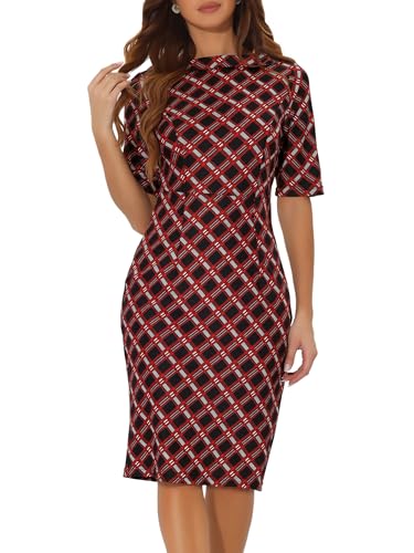 Allegra K Women's Bodycon Plaid Dress Round Neck Elbow Sleeve Check Pencil Dress - Main Image