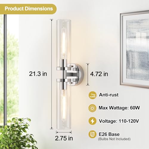 Image of Indoi Wall Sconces Set of Two, Hardwired Chrome Bathroom Sconces Wall Lighting with Clear Glass, Modern Sconces Wall Decor Set of 2 Bathroom Light fixtures for Mirror Living Room Hallway Bedroom