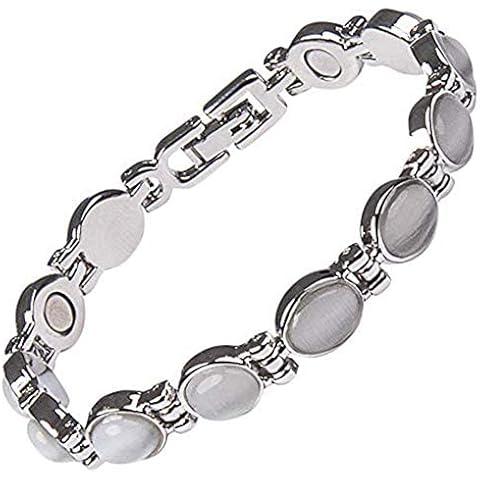 Helena Rose Ladies Magnetic Bracelet for Women - Semi Precious Grey Luminous Cats Eye Stones - Fits Wrists Up To 17.5cm Fully Adjustable Size - Presented in a Jewellery Gift Box Cover