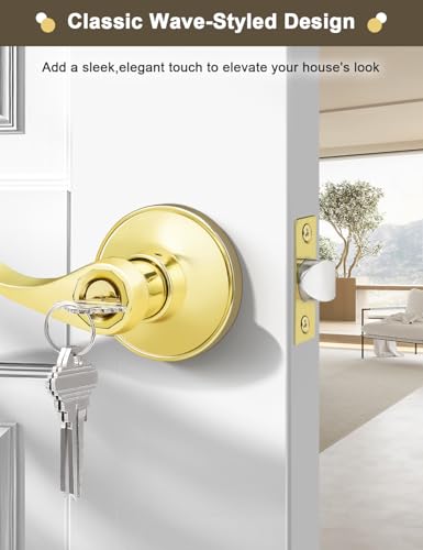 Image of Gobrico Polished Brass Keyed Entrance Door Lever Handle Entry Door Lockset Hardware with Key,Drop Lever Style Door Lock for Front Door Exterior Door,6 Pack