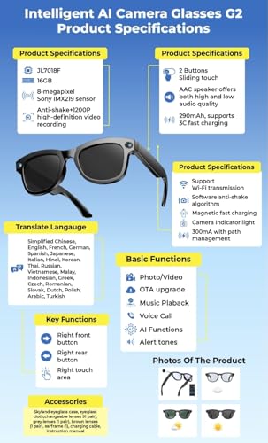Image of Smart AI Camera Glasses G2, 1200P HD Video Recording Eyewear with 8MP Sensor, Real-Time Voice Translation, Wireless Bluetooth, Wi-Fi, Hands-Free POV Camera for Vlogging and Travel, 16GB