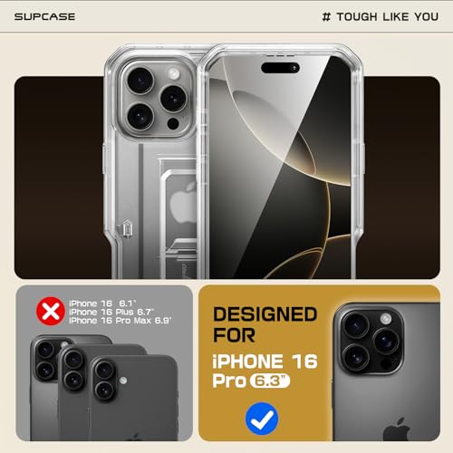 Image of SUPCASE for iPhone 16 Pro Case with Screen Protector & Kickstand, Clear | Detachable Belt Clip, Military-Grade Protection, Full Body Heavy Duty Phone Case for iPhone 16 Pro 6.3'', Unicorn Beetle Pro