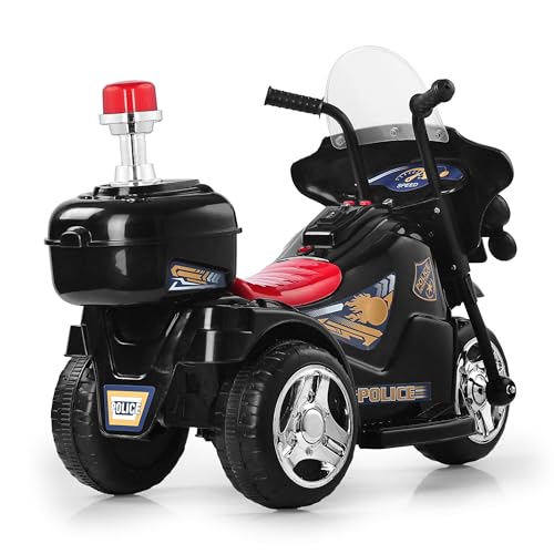 Image of BabyGo Electric Bike for Kids | Police Bike | Music | LED Lights | Storage Box | Rechargeable 6V Battery, 60+ Minutes Playtime | Ride on Bike for Boys and Girls 1-4years | Black