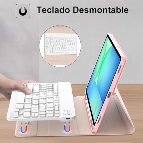 Teclado Bluetooth extraíble español Ñ para Samsung Tab S10 Lite y S9 FE con funda protectora rosa 4