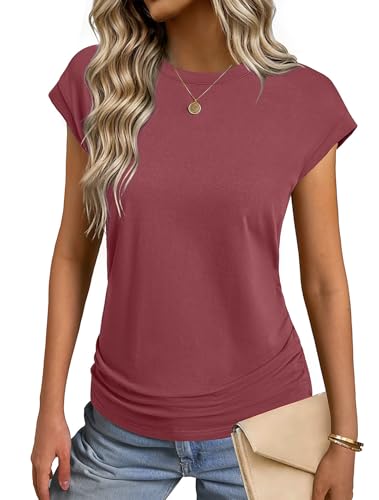 GKBK Womens Summer Tops Ruched Cap Short Sleeve Tshirts Business Fashion Trendy Clothes Outfits Coral M
