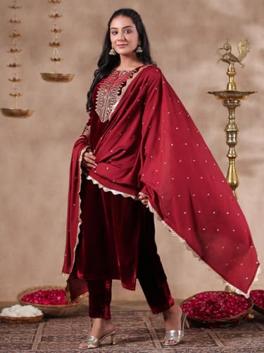 Image of ishin Women's Velvet Yoke Design Zari Maroon Straight Kurta Suit Set with Trousers & Dupatta