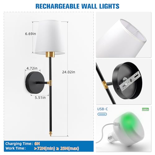 Image of NIORSUN Battery Operated Wall Sconce Set of 2,Gold-Black Rechargeable Wall Lights with 10400mAh Dimmable Bulbs and Remote,9 Colors Wireless Wall Lamps for Bedroom Living Room Hallway Decor
