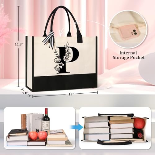 Image of Tecanne Personalized Initial Canvas Tote Bag, Suitable for Birthday, Wedding, Beach, Holiday, Gifts for Women, Mom, Teachers, Nurses, Best Friends, Bridesmaids (P)