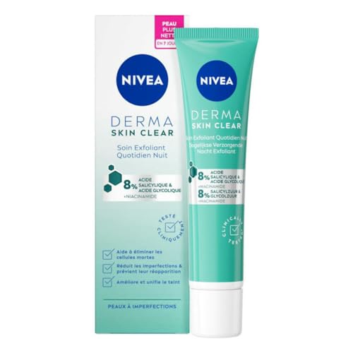 NIVEA Derma Skin Clear Soin Exfoliant Quotidien Nuit (1 x 40 ml), Soin de nuit 8% acides salicylique & glycolique & niacinamide, Crème visage anti points...