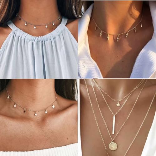 20PCS Gold Plated Choker Necklaces For Women, 14k Gold Plated Dainty Pearl Pendant Simple Chain Necklace Set Gold Layered Necklaces Adjustable Jewelry Gift2