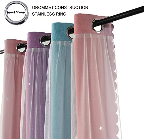 FANLI Ombre Rainbow Blackout Curtains for Kid Girls Bedroom Living Room Darking Stripe Double Layer Star Cut Out Wall Home Decor Gradient Grommet Window Curtains (Pink Purple, 52W x 84L)