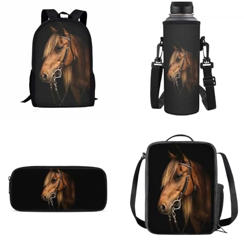 Set zaino 4 in 1 per bambini con borsa per il pranzo astuccio porta bottiglia dacqua Cavallo Zaino per marrone