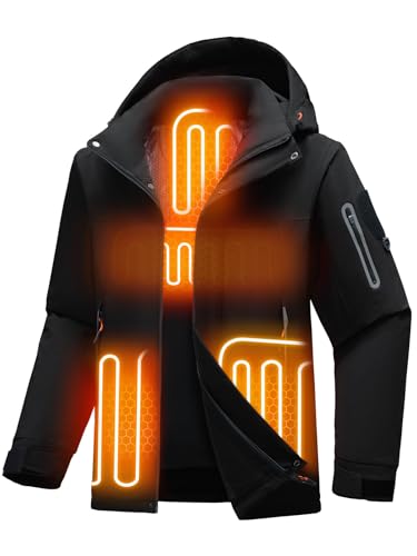 Jsslaik Men's Performance Insulated Jacket with 4D Smart Heating Windproof Waterproof Ski Mountaineering Coat Lightweight 1800g Fill and Graphene Lining Detachable Hood USB Heated （Black-XL）