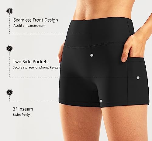 Pudolla Womens Swim Shorts High Waisted Bathing Bottom Shorts Tummy Control Board Swimsuit with Pockets2