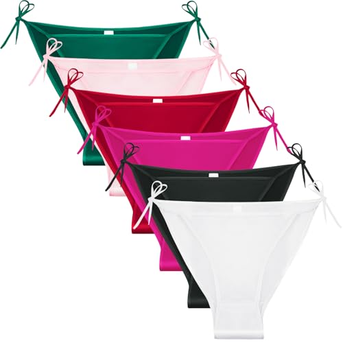 Silkwayee Women's 100% Silk Tie Side Bikini Bottoms String Cheeky Bathing Suit Bottoms 6-Pack Low Waist Swimwear