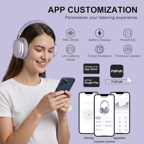 Image of NC95 Wireless Over Ear Headphones, Hybrid Active Noise Cancelling, Bluetooth 6.0 with Knob Control, 120H Playtime, App Control, Hi-Res Audio, Comfort Fit for Travel and Workout (Purple)