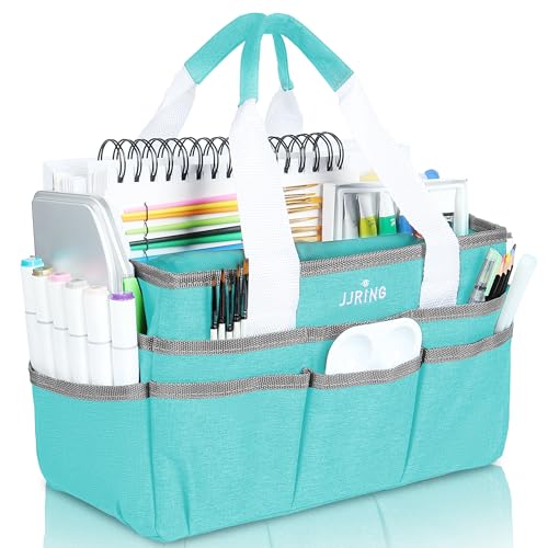 JJRING Craft Organizer Tote Bag, Art Storage Caddy with Multiple Pockets, Sky Blue Sewing Bag for Art, Craft, Scrapbooking, School, Medical, and Office Supplies Storage