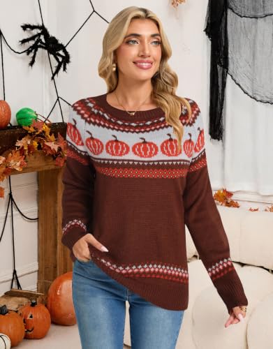Image of Women's Fair Isle Sweater Crew Neck Long Sleeve Heart Sweater Vintage Tops