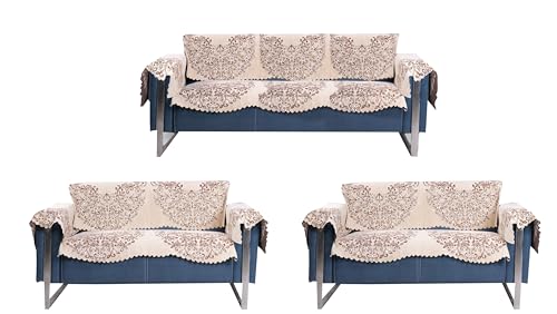 Image of Premium Chenille Woven Anti-Slip 7 Seater Sofa Cover with Arm Rest | L-Shape Sofa Seat Protector for Living Room | Durable & Stylish Slipcover - Beige - Phoolkari