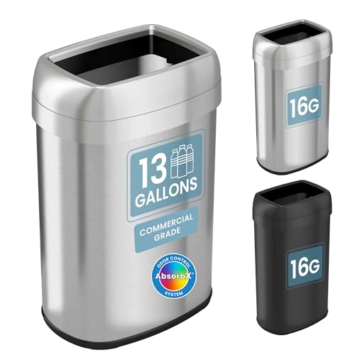 Image of iTouchless 13 Gallon / 50L Open Top Trash Can, Oval Stainless Steel with Double AbsorbX Odor Filters - Fingerprint-Resistant Modern Kitchen and Office Waste Bin for Hassle-Free Disposal