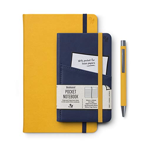 IF Bookaroo Carnet de notes A5 & A6 avec stylo assorti Moutarde & Bleu marine Carnet de notes Couverture rigide avec fermeture élastique Ruban A5 21,5 x 13,5 cm 192 pages A6 21,5 x 13,5 cm Stylo à