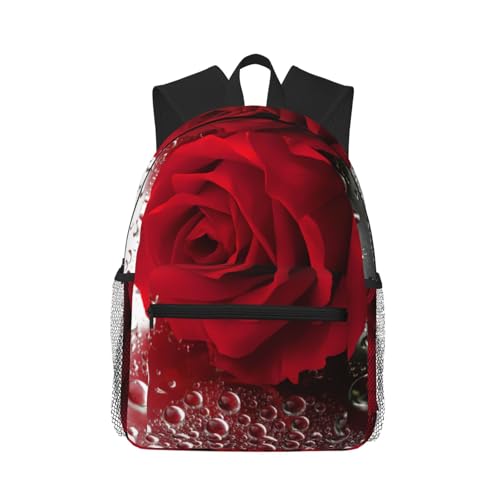 Mochila de viaje con rosas rojas de base negra y compartimento acolchado para laptop