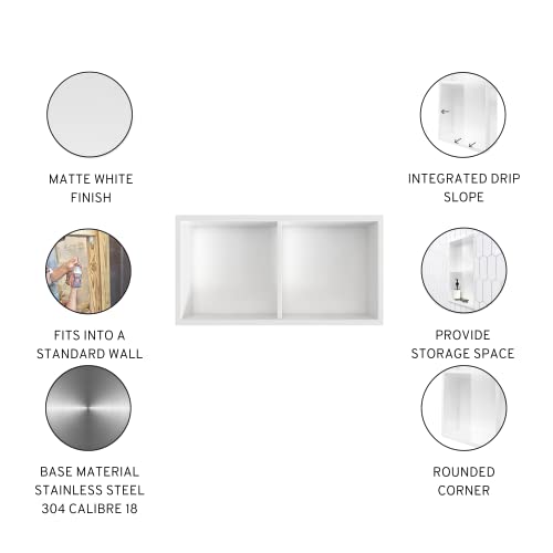 Odass | Shower Niche | 24" X 12" | No Tile Needed ­| Rectangular Stainless Steel #304 Niche | Matt White Recessed Single Shelf Organizer | Bathroom Storage For Shampoo Bottle #TOP5
