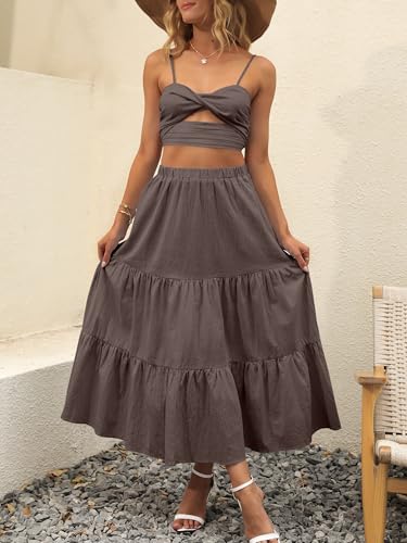 Image of ANRABESS Women's Summer Boho Flowy Swing Tiered A-Line Maxi Skirt 2026 Fashion Trendy Elastic Waist Pleated Long Beach Dress