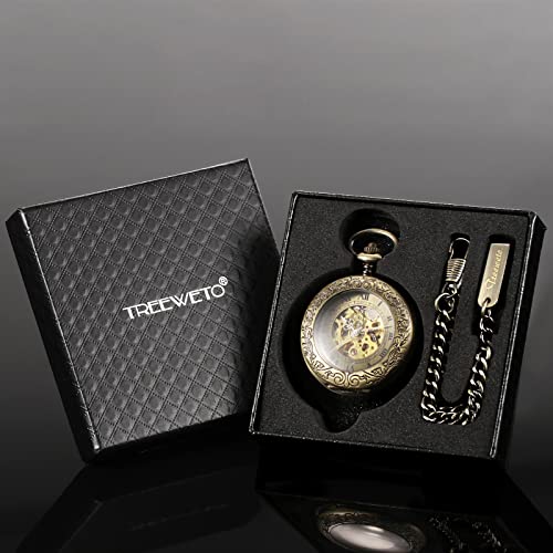 Image of TREEWETO Mechanical Pocket Watch Magnifier Case Steampunk Skeleton Roman Numerals Dial for Men Women