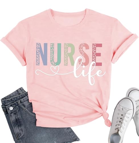 Image of Women Nurse Shirts Nursing Life Letter Short Sleeve Register Nurses Inspirational Tee