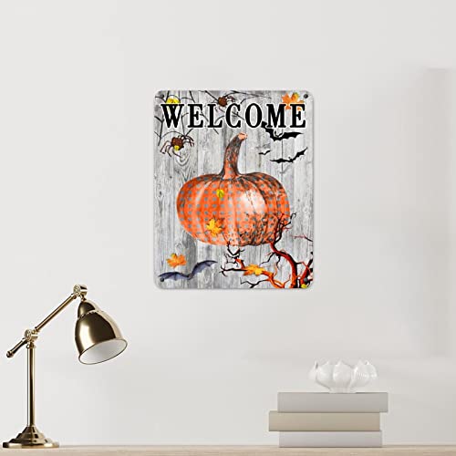 Panneau métal Welcome Halloween citrouille érable 30x40 cm décor mural