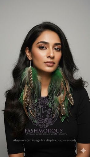Green Feather Chandelier Earrings, Boho Statement Dangle for Women, Lightweight Handmade Festival & Party Jewelry, Gift for Her - Image 4
