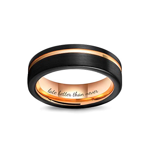 LerchPhi Mens 6mm 8mm Black Mens and Women Tungsten Carbide Engagement Ring with Rose Gold Inner Custom Engrave Wedding Band for Him and Her2