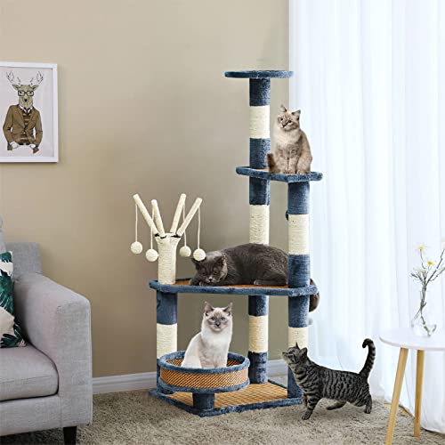 LEMROE Kratzbaum für Katzen, 120 cm, 4 Ablagen, Sisal, Kletterbaum mit Matten, Haustiere, Spielhaus für Kätzchen, Dunkelgrau Cover