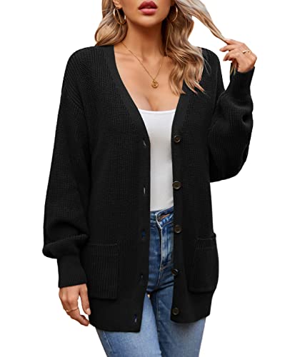 QUALFORT Women's 100% Cotton Cardigans for Women Lantern Sleeve Oversized Sweater with Pockets Womens Fall Cardigans 20254
