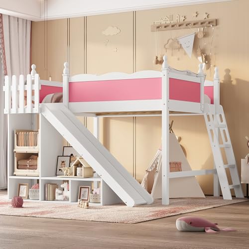 Image of Full Size Loft Bed with Storage Shelves, Cabinet & Detachable Slide and Ladders, Solid Wood Kids Loft Bed for Space-Saving, Playful & Organized Bedroom (Light White+Pink2, Full)