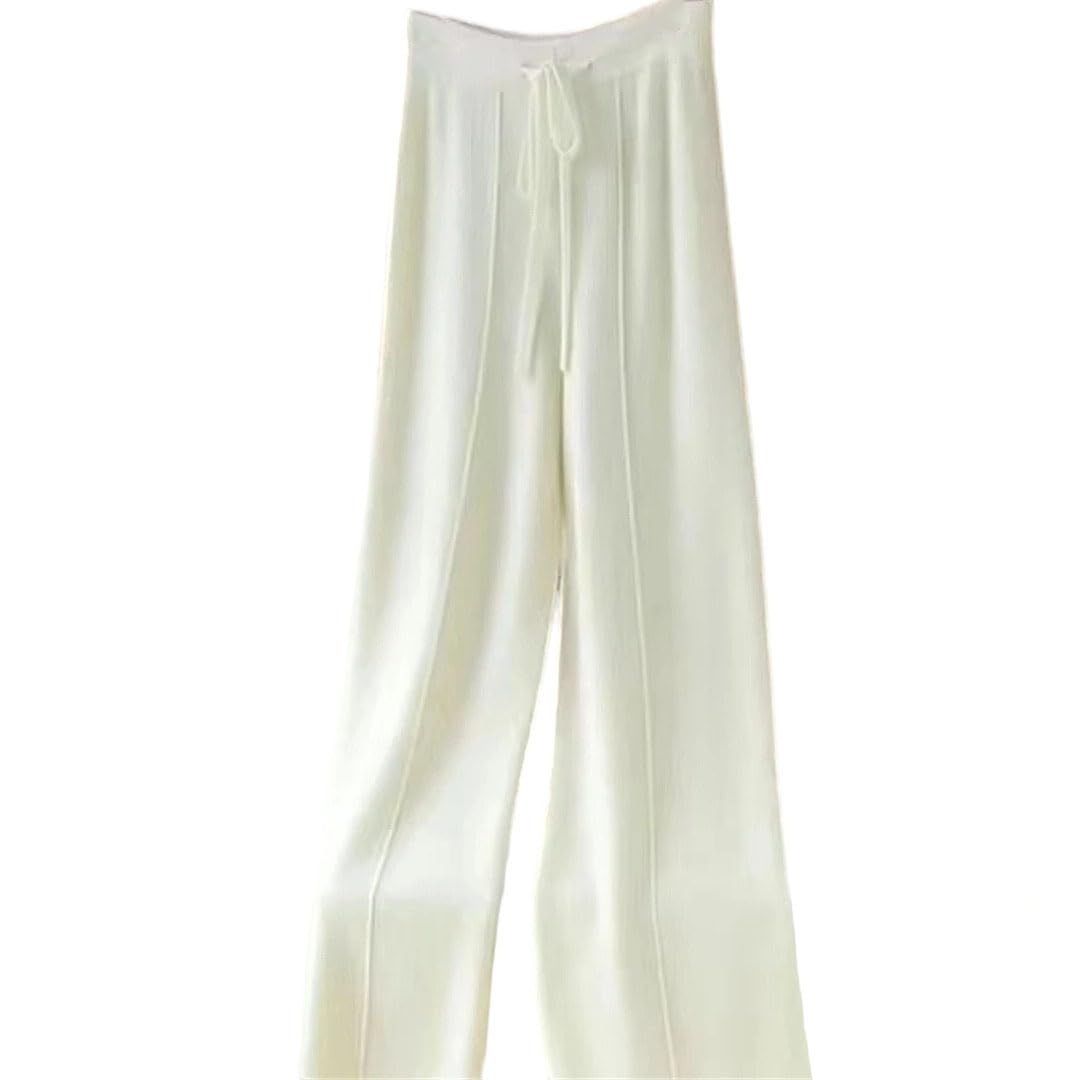 Women Merino Wool Knitted Wide Leg Pants Basic Soft Warm Cashmere Knit Trousers