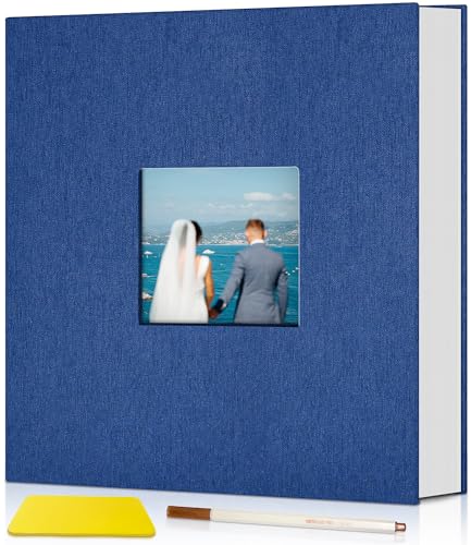 Image of popotop Photo Album Self Adhesive with Picture Display Window,40 Pages DIY Scrapbooking Supplies Kit for 4x6 8x10 Picture,Linen Cover Memory Book for Baby Wedding, with Scraper and Metallic Pen