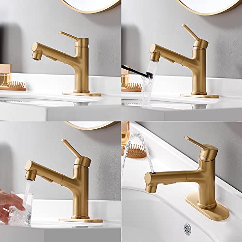 Laz Home Bathroom Sink Faucet Single Hole Bathroom Faucet With Pull Out Sprayer Modern Vanity Faucet, Bar Utility Sink Faucets (Brushed Gold, Regular) #TOP4