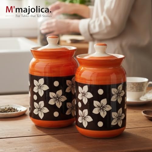 Image of Orange Ceramic Handglazed Pickle Jars Set of 2-1000 ML Each | 1 kg Achaar Martban Barni Jar with Lid | Ceramic Storage Jar Container Pickle, Chatney