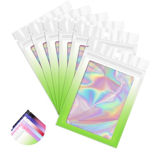 100 Pack Holographic Bags,Mylar Resealable Bags with Zipper,Clear Window Packaging