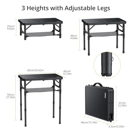 Anbte Folding Camping Table with Storage Net, 3 Adjustable Heights 2ft Aluminum Small Folding table, Lightweight Outdoor table, Portable Handle for Travel, Picnic, Camping, 60cm x 40cm, Pure Black - Image 2