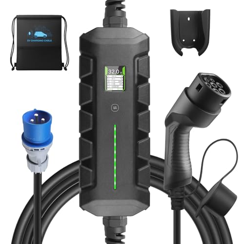 EVSEdesigner Caricabatterie EV 7,4 kW Stazione di Ricarica Mobile Wallbox con Display Digitale per Duto Elettriche Uso Domestico all'aperto, tipo 2, CEE Monofase, cavo da 6 m, 16 A/24 A/32 A