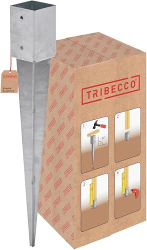 TRIBECCO Soporte para postes de madera, casquillo de impacto 91 x 91 mm, longitud 900 mm, galvanizado en caliente, para postes de madera cuadrados, soporte de suelo, ancla, acero, anclaje para el